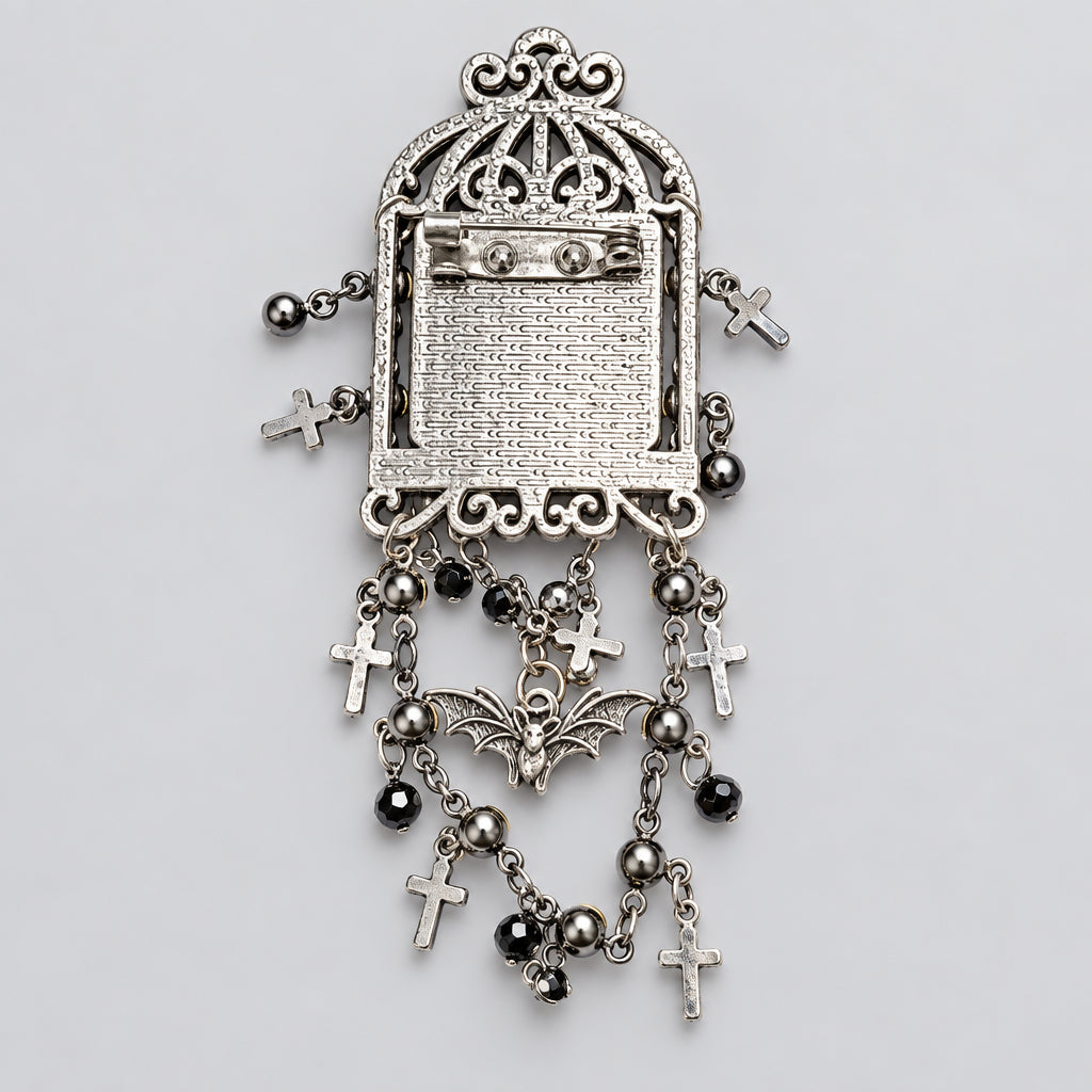 Gothic Silver Statement Brooch, Raven Cemetery Portrait Pendant Brooch, Black Crystal Beads, Bat & Cross Charms, Ornate Filigree Frame, Dark Goth Vintage Brooch