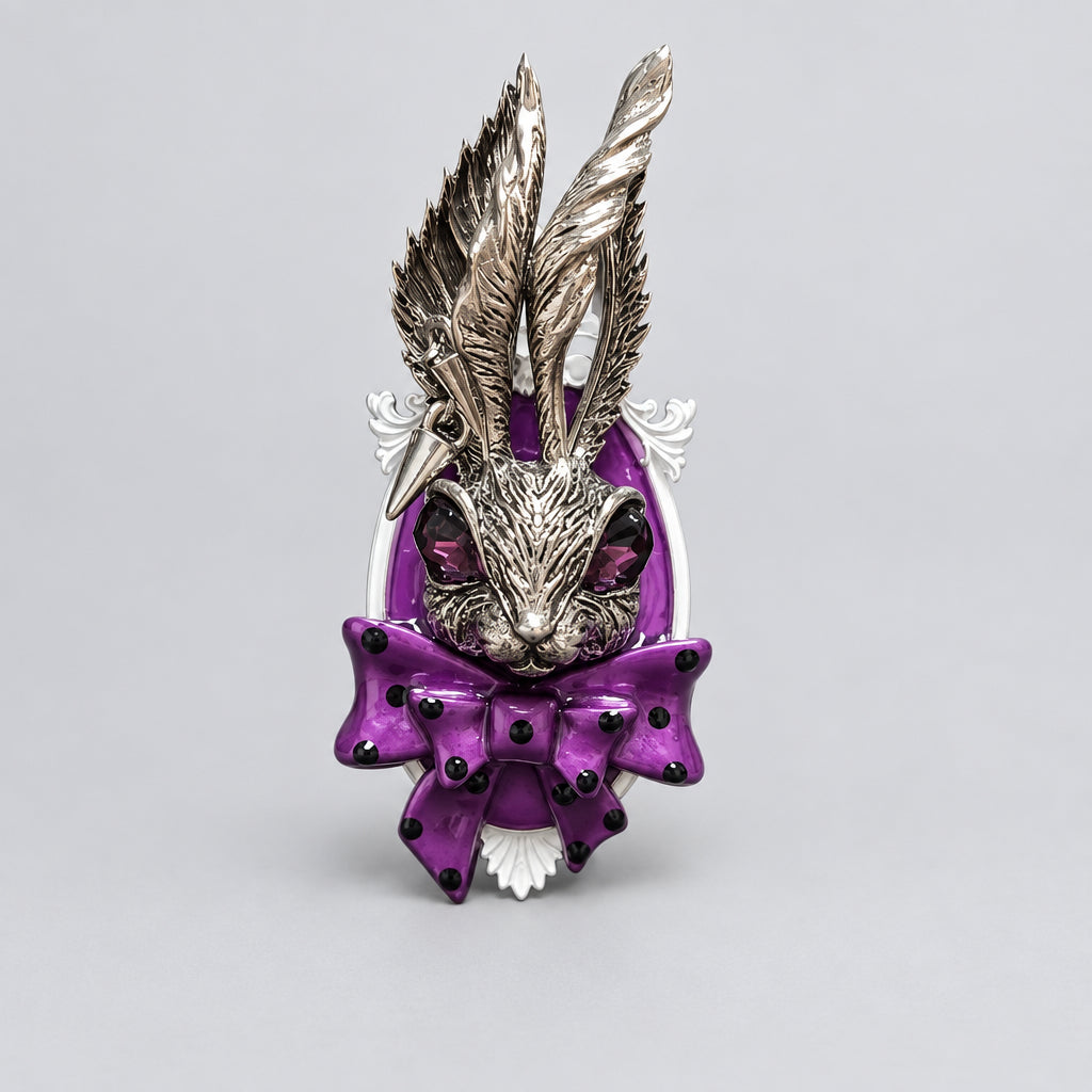 Gothic Adjustable Statement Ring, Dark Wonderland Rabbit Head with Purple Bow, Purple Gem Eyes, Ornate White Frame, Dark Fantasy Punk Finger Ring