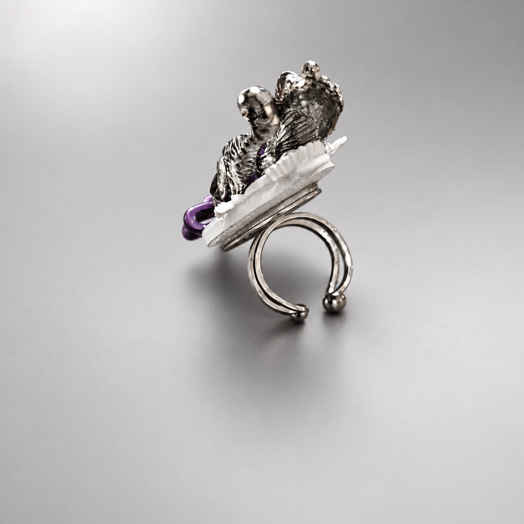 Gothic Adjustable Statement Ring, Dark Wonderland Rabbit Head with Purple Bow, Purple Gem Eyes, Ornate White Frame, Dark Fantasy Punk Finger Ring