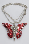 Gothic Multi Layer Chain Statement Necklace, Blood Red Butterfly Wings with Skull Cross, Dark Punk Oversized Bib Necklace