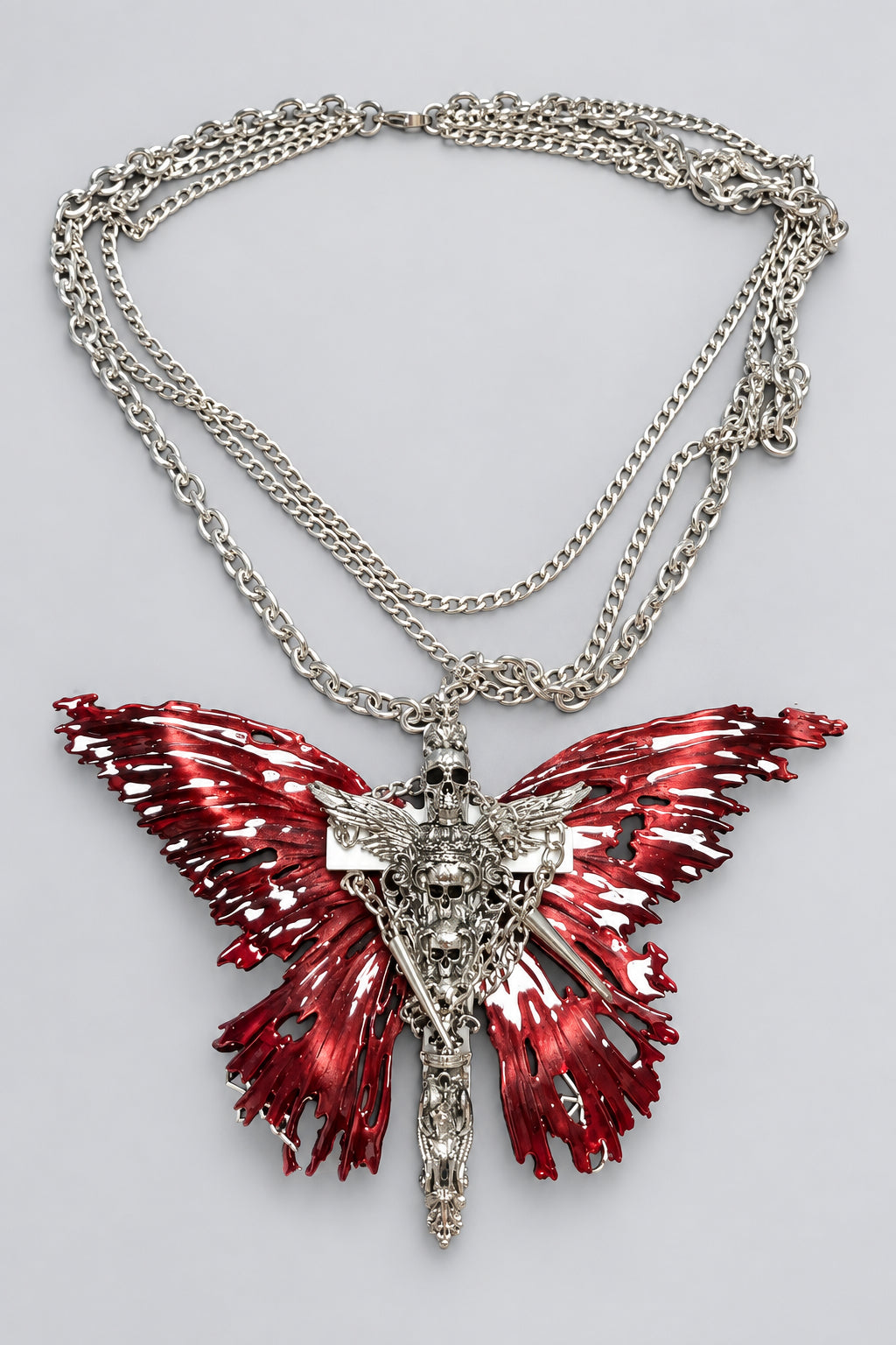 Gothic Multi Layer Chain Statement Necklace, Blood Red Butterfly Wings with Skull Cross, Dark Punk Oversized Bib Necklace