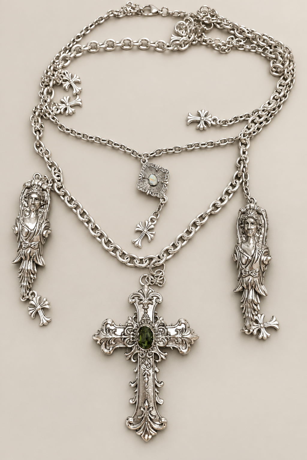 Gothic Multi Layer Silver Statement Necklace, Ornate Baroque Cross with Green Gemstone, Goddess Figurine Charms, Vintage Cross Pendants, Dark Religious Layered Neck Stack