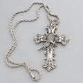 Gothic Silver Cross Pendant Necklace, Ornate Baroque Cross with Raven Bird, Twisted Rope Chain, Dark Victorian Statement Necklace