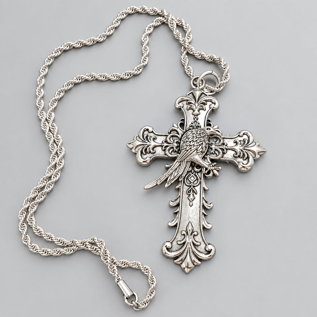 Gothic Silver Cross Pendant Necklace, Ornate Baroque Cross with Raven Bird, Twisted Rope Chain, Dark Victorian Statement Necklace