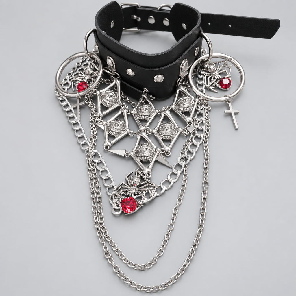 Gothic Black Leather Choker, All Seeing Eye Charms, Spider Pendant with Red Crystals, Cross & Multi Layer Tassel Chains, Punk Occult Statement Collar