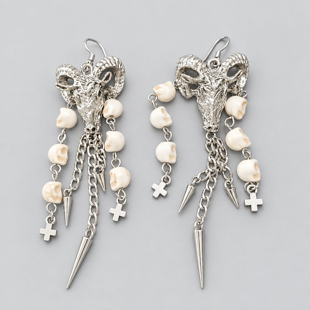 Ram Skull Dangle Earrings | Gothic Spike Cross & Bone Skull Tassel Drop Earrings, Punk Dark Statement Jewelry for Halloween