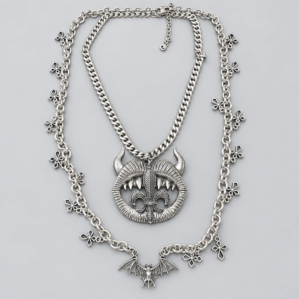 Double Layer Gothic Necklace | Devil Mouth Pendant, Bat & Fleur De Lis Cross Charm Chain, Punk Dark Alt Statement Necklace