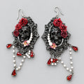 Gothic Long Dangle Earrings, Black Skull in Vintage Ornate Frame, Deep Red Roses, White Pearls & Teardrop Red Crystal Tassels, Dark Romantic Victorian Statement Earrings