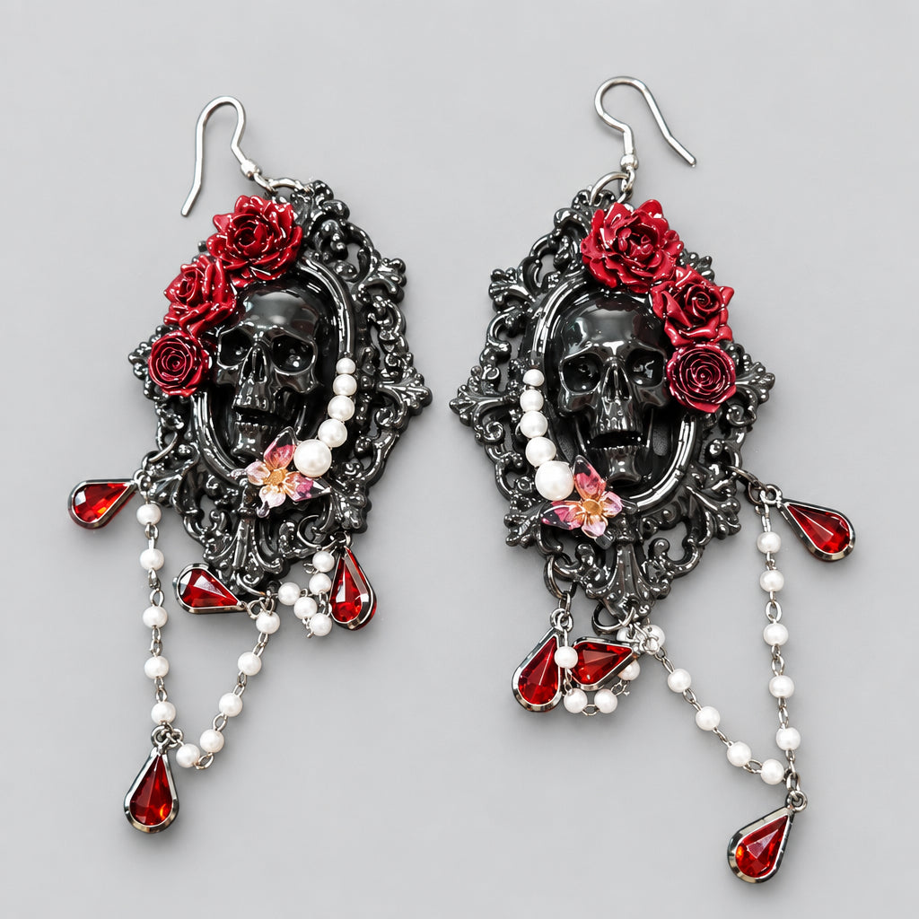 Gothic Long Dangle Earrings, Black Skull in Vintage Ornate Frame, Deep Red Roses, White Pearls & Teardrop Red Crystal Tassels, Dark Romantic Victorian Statement Earrings