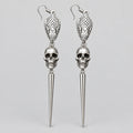 Gothic Long Dangle Earrings, Cobra Snake Head, Human Skull & Spike Pendant, Antique Silver Metal, Dark Punk Rock Statement Earrings