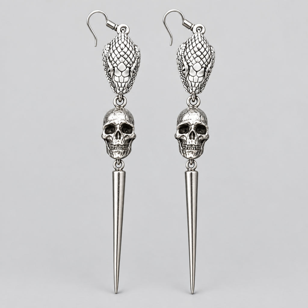 Gothic Long Dangle Earrings, Cobra Snake Head, Human Skull & Spike Pendant, Antique Silver Metal, Dark Punk Rock Statement Earrings