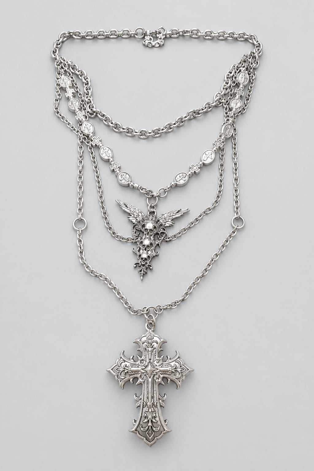 Gothic Multi Layered Chain Necklace, Ornate Large Cross Pendant, Winged Skull Charm, Vintage Silver Cross Medallion Beads, Dark Punk Statement Layer Necklace