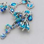 Gothic Dragon Statement Necklace, Blue Crystal Winged Dragon Pendant, Ornate Silver Frame, Fantasy Dark Mythical Handmade Jewelry