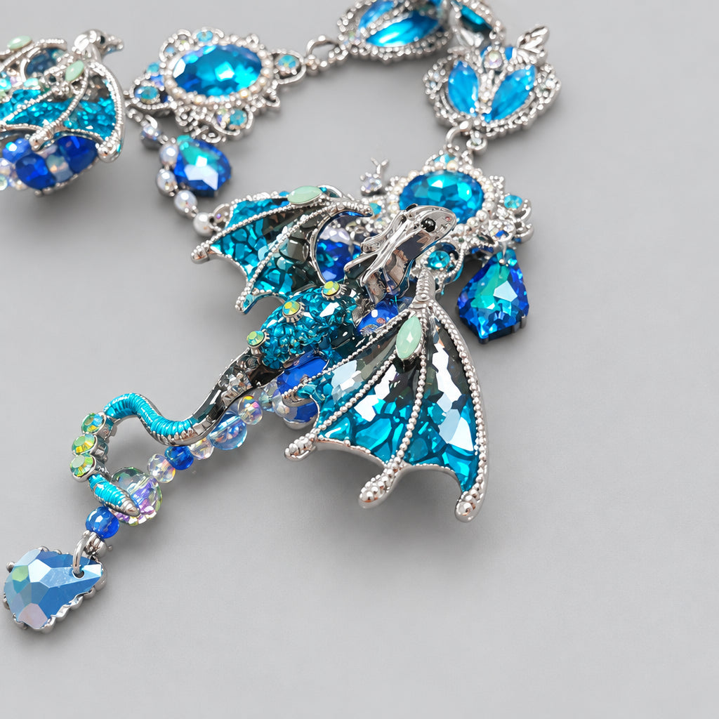 Gothic Dragon Statement Necklace, Blue Crystal Winged Dragon Pendant, Ornate Silver Frame, Fantasy Dark Mythical Handmade Jewelry