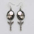 Gothic Long Dangle Earrings, Virgin Mary Portrait with Opalescent Pink Rose, Antique Silver Winged Cross Pendant, Vintage Ornate Frame Dark Religious Statement Earrings