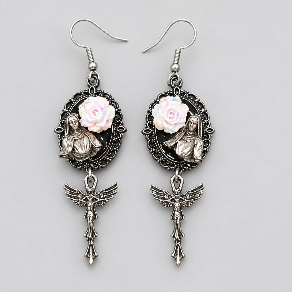Gothic Long Dangle Earrings, Virgin Mary Portrait with Opalescent Pink Rose, Antique Silver Winged Cross Pendant, Vintage Ornate Frame Dark Religious Statement Earrings