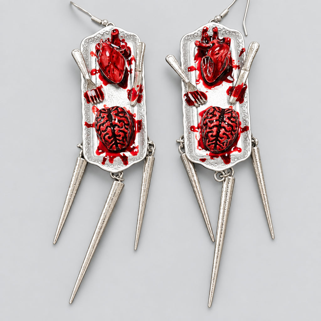 Gothic Horror Long Dangle Earrings, Anatomical Heart & Brain on Vintage Tray, Bloody Knife Fork, Metal Spike Tassels, Macabre Dark Punk Statement Earrings