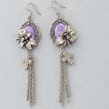 Gothic Long Tassel Dangle Earrings, Oval Purple Cabochon, Antique Silver Lily Flower & Butterfly Charm, Vintage Ornate Frame, Dark Romantic Victorian Statement Earrings