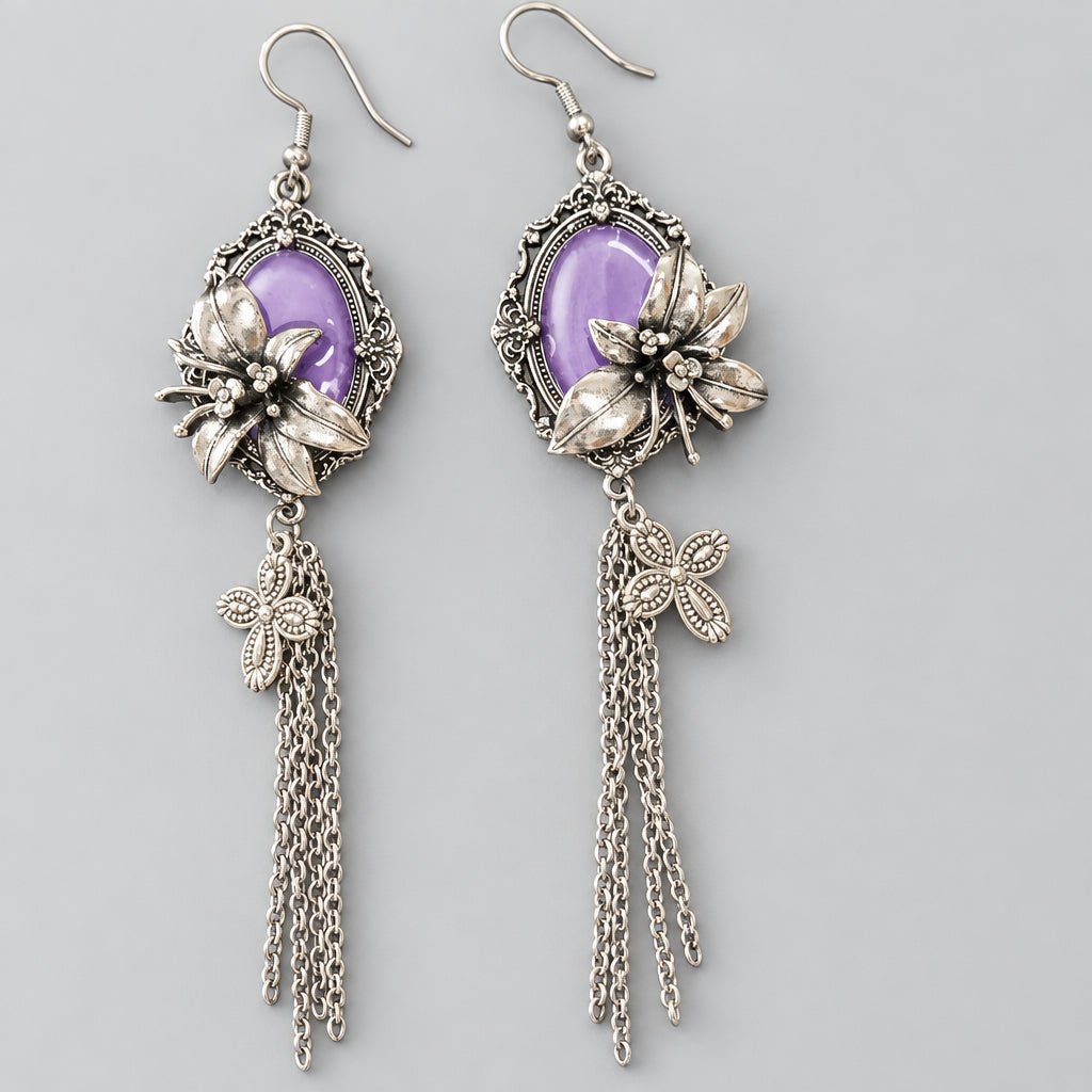 Gothic Long Tassel Dangle Earrings, Oval Purple Cabochon, Antique Silver Lily Flower & Butterfly Charm, Vintage Ornate Frame, Dark Romantic Victorian Statement Earrings