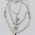 Gothic Jewelry Set, Multi Layer Harp Star Cross Necklace & Double Lyre Red Crystal Dangle Earrings, Antique Silver Victorian Musical Dark Romantic Statement Jewelry Set