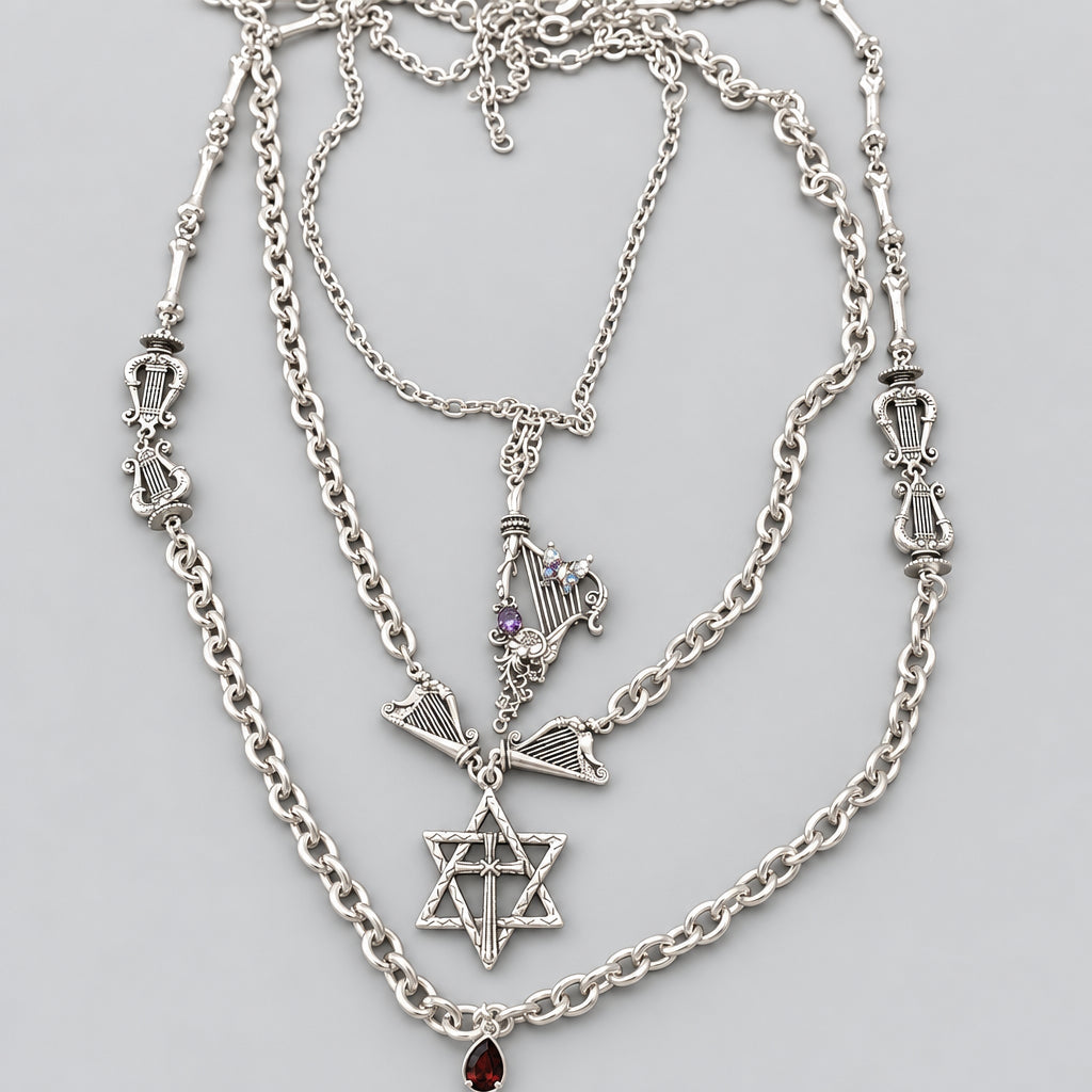 Gothic Jewelry Set, Multi Layer Harp Star Cross Necklace & Double Lyre Red Crystal Dangle Earrings, Antique Silver Victorian Musical Dark Romantic Statement Jewelry Set