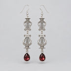 Gothic Jewelry Set, Multi Layer Harp Star Cross Necklace & Double Lyre Red Crystal Dangle Earrings, Antique Silver Victorian Musical Dark Romantic Statement Jewelry Set