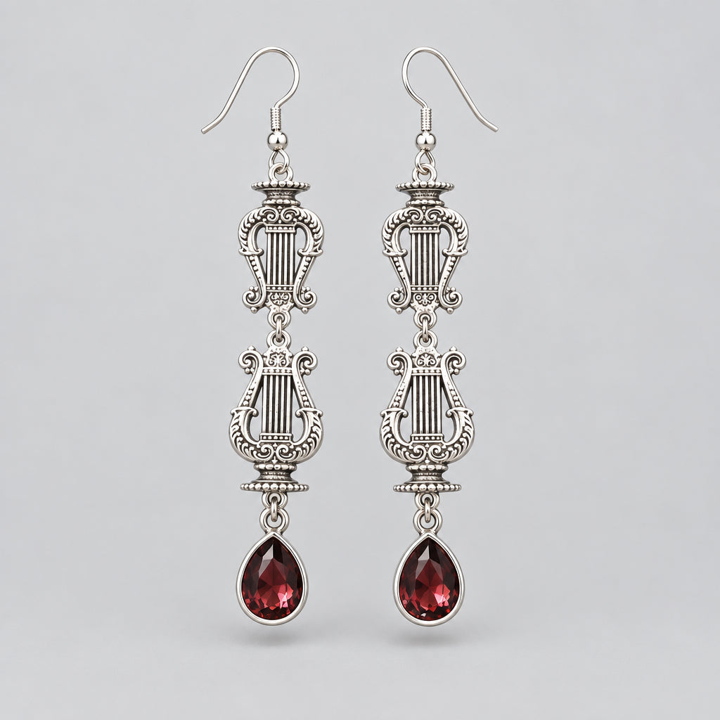 Gothic Jewelry Set, Multi Layer Harp Star Cross Necklace & Double Lyre Red Crystal Dangle Earrings, Antique Silver Victorian Musical Dark Romantic Statement Jewelry Set