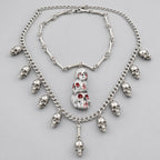 Gothic Multi Layer Skull Statement Necklace, Stacked Bloody Triple Skull Pendant, Bone Chain & Dangling Skull Charms, Macabre Dark Punk Horror Layered Necklace