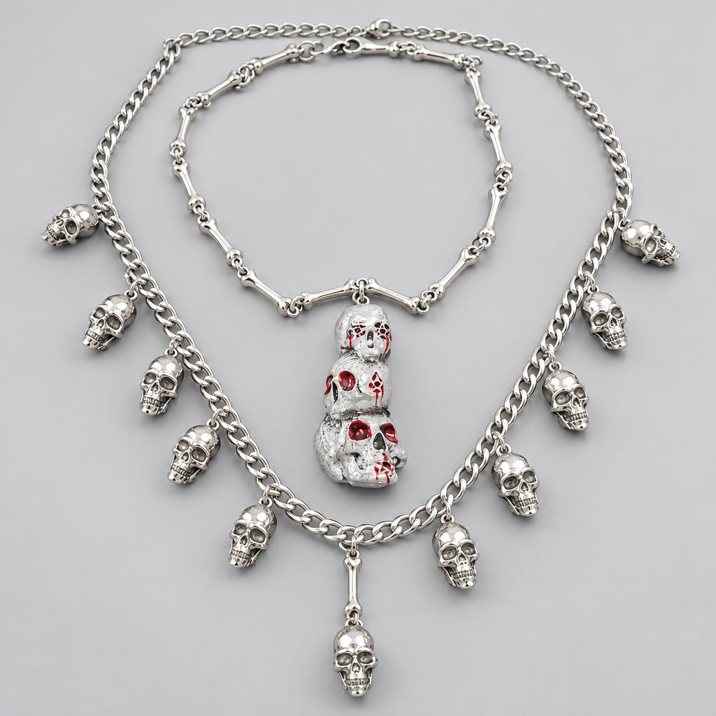 Gothic Multi Layer Skull Statement Necklace, Stacked Bloody Triple Skull Pendant, Bone Chain & Dangling Skull Charms, Macabre Dark Punk Horror Layered Necklace