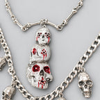 Gothic Multi Layer Skull Statement Necklace, Stacked Bloody Triple Skull Pendant, Bone Chain & Dangling Skull Charms, Macabre Dark Punk Horror Layered Necklace