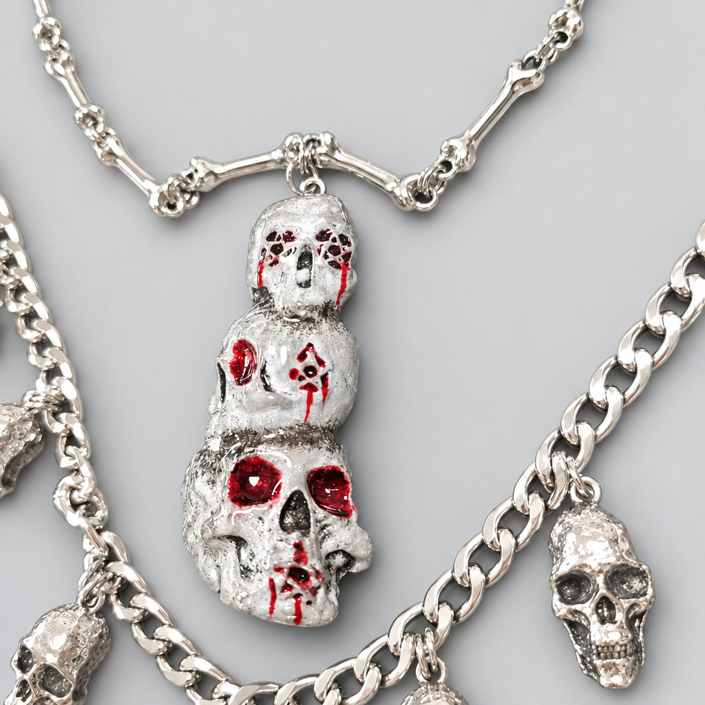 Gothic Multi Layer Skull Statement Necklace, Stacked Bloody Triple Skull Pendant, Bone Chain & Dangling Skull Charms, Macabre Dark Punk Horror Layered Necklace