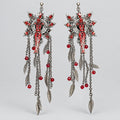 Gothic Long Tassel Dangle Earrings, Red Crucified Figure Ornate Frame, Red Crystals, Antique Silver Feather Charms, Dark Religious Macabre Statement Earrings