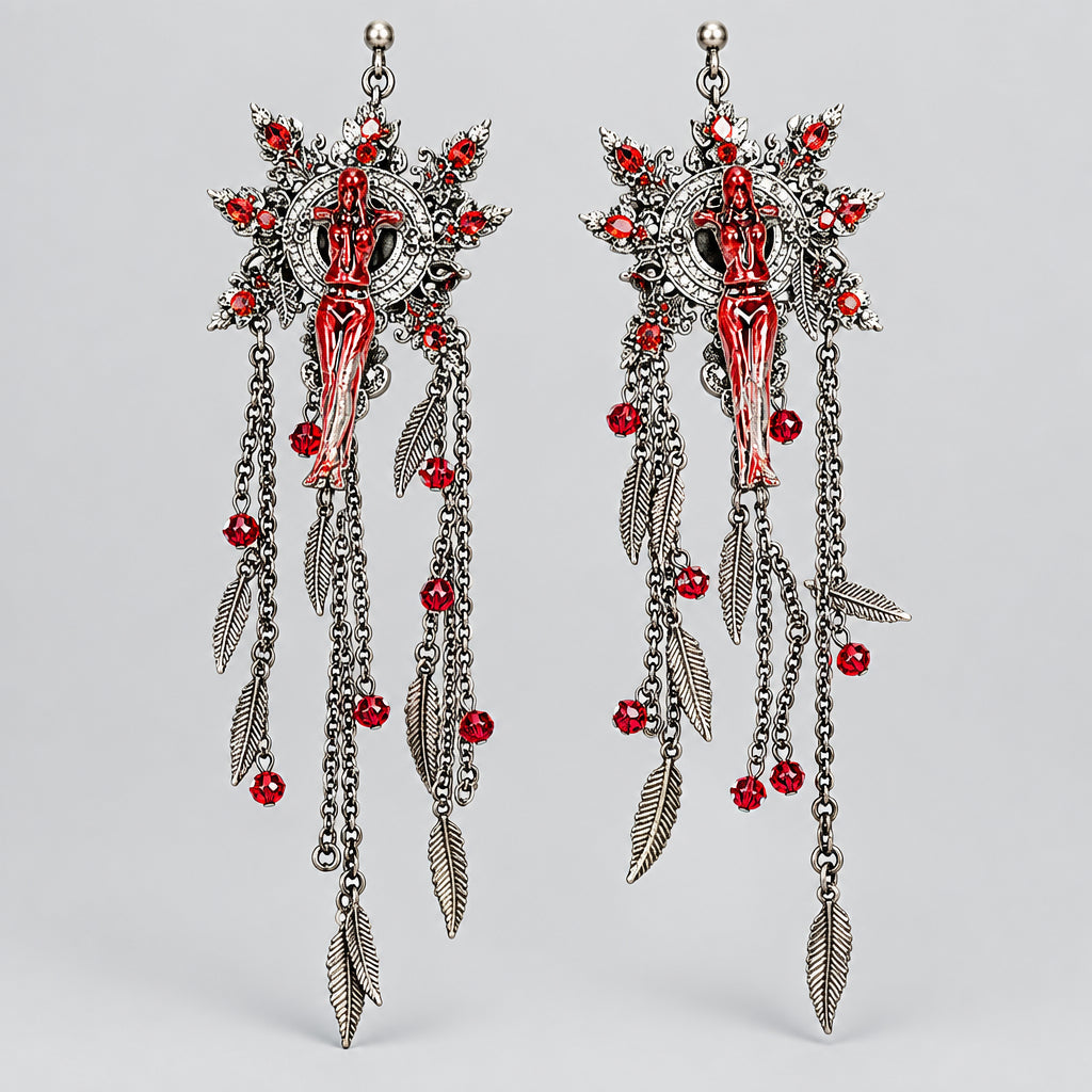 Gothic Long Tassel Dangle Earrings, Red Crucified Figure Ornate Frame, Red Crystals, Antique Silver Feather Charms, Dark Religious Macabre Statement Earrings
