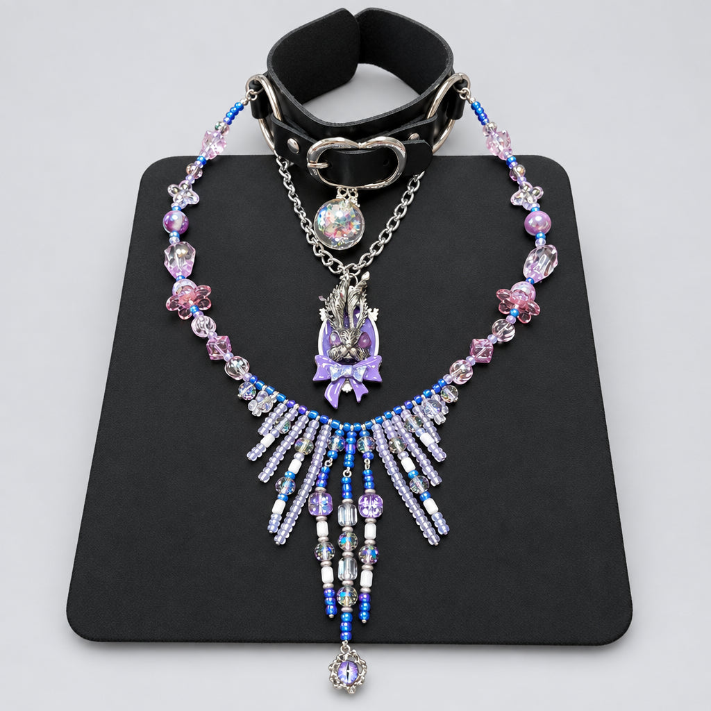 Gothic Wonderland Choker Jewelry Set, Black Leather Collar, Purple Rabbit Pendant with Bow, Iridescent Confetti Orb, Pink Purple Blue Beaded Fringe Necklace, Dark Fantasy Statement Layered Collar Set