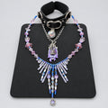 Gothic Wonderland Choker Jewelry Set, Black Leather Collar, Purple Rabbit Pendant with Bow, Iridescent Confetti Orb, Pink Purple Blue Beaded Fringe Necklace, Dark Fantasy Statement Layered Collar Set
