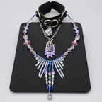 Gothic Wonderland Choker Jewelry Set, Black Leather Collar, Purple Rabbit Pendant with Bow, Iridescent Confetti Orb, Pink Purple Blue Beaded Fringe Necklace, Dark Fantasy Statement Layered Collar Set