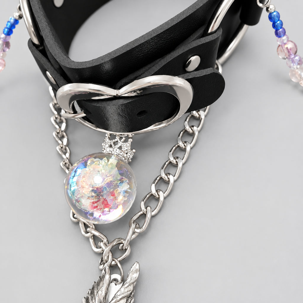 Gothic Wonderland Choker Jewelry Set, Black Leather Collar, Purple Rabbit Pendant with Bow, Iridescent Confetti Orb, Pink Purple Blue Beaded Fringe Necklace, Dark Fantasy Statement Layered Collar Set