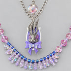 Gothic Wonderland Choker Jewelry Set, Black Leather Collar, Purple Rabbit Pendant with Bow, Iridescent Confetti Orb, Pink Purple Blue Beaded Fringe Necklace, Dark Fantasy Statement Layered Collar Set