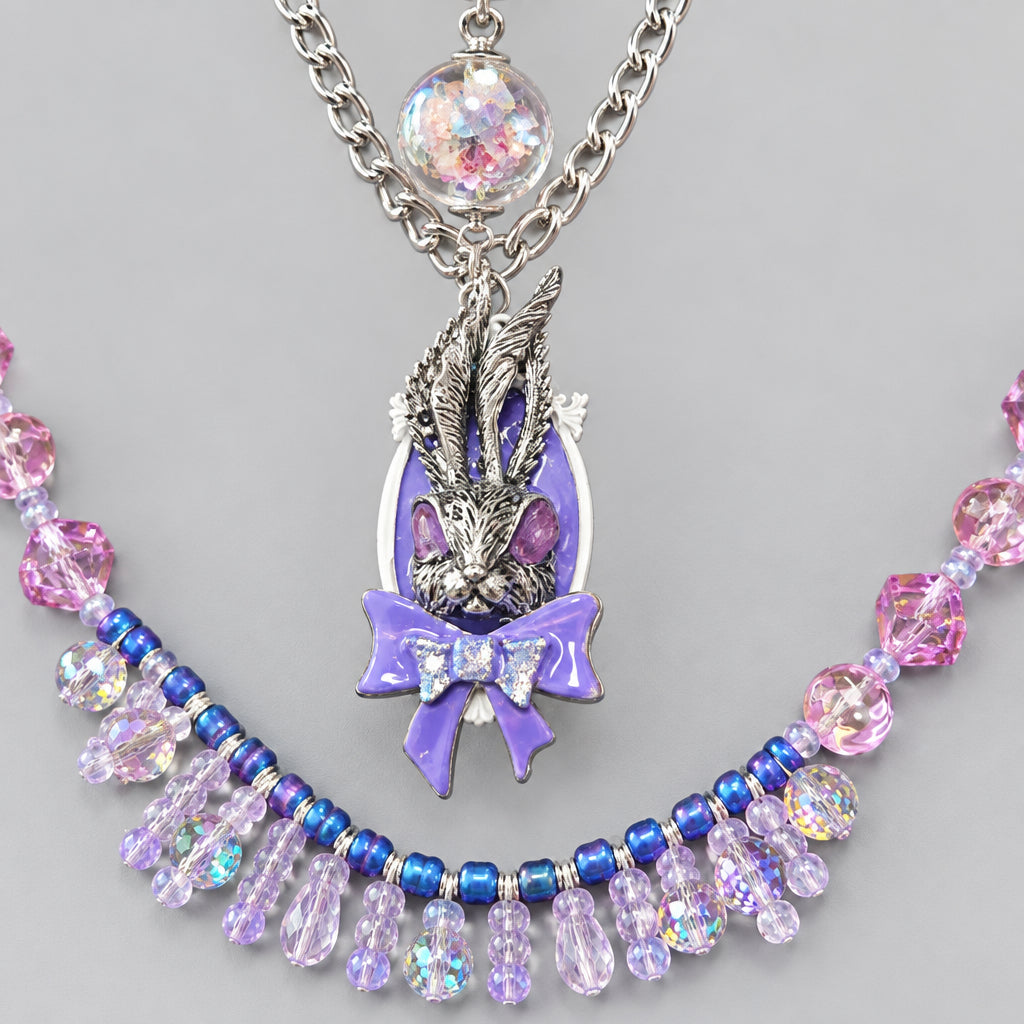 Gothic Wonderland Choker Jewelry Set, Black Leather Collar, Purple Rabbit Pendant with Bow, Iridescent Confetti Orb, Pink Purple Blue Beaded Fringe Necklace, Dark Fantasy Statement Layered Collar Set
