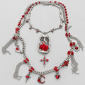 Gothic Multi Layered Statement Necklace, Skeleton Ribcage Pendant with Red Roses, Bone Chain, Red Crystal Beads, Cross, Heart & Moon Charms, Dark Punk Macabre Layered Necklace