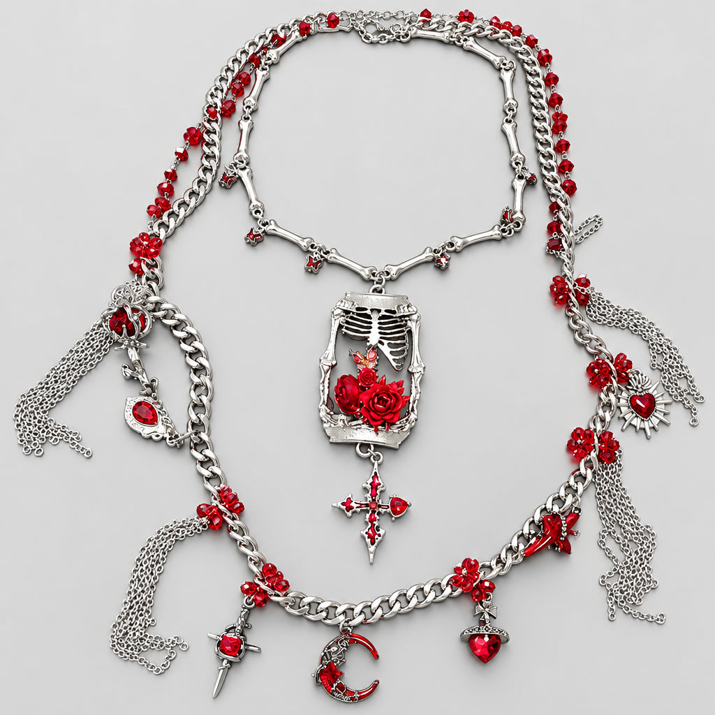 Gothic Multi Layered Statement Necklace, Skeleton Ribcage Pendant with Red Roses, Bone Chain, Red Crystal Beads, Cross, Heart & Moon Charms, Dark Punk Macabre Layered Necklace