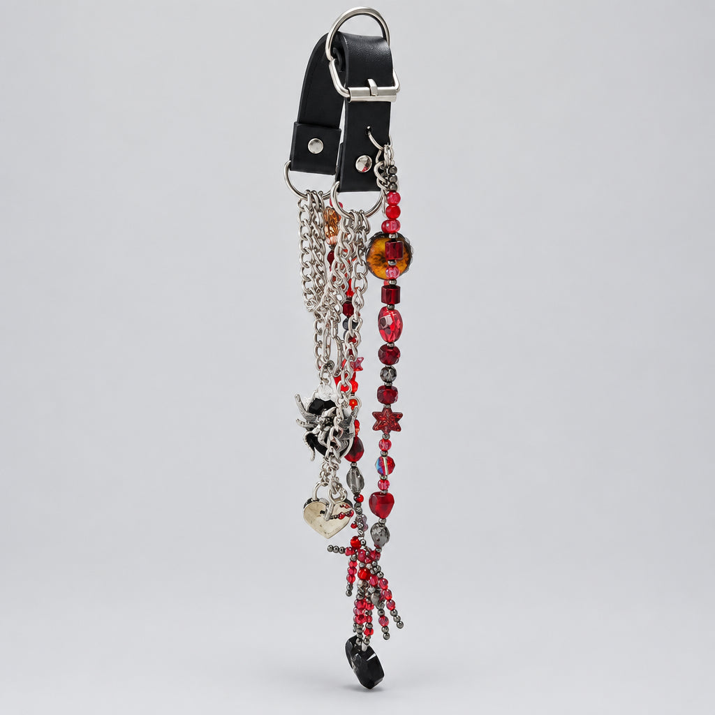 Gothic Multi-Layer Leather Choker Set, Winged Fallen Angel Pendant, Heart Lock & Key Charm, Red Crystal Beaded Fringe Necklace, Dark Romantic Blood Red Heart Statement Collar Jewelry Set