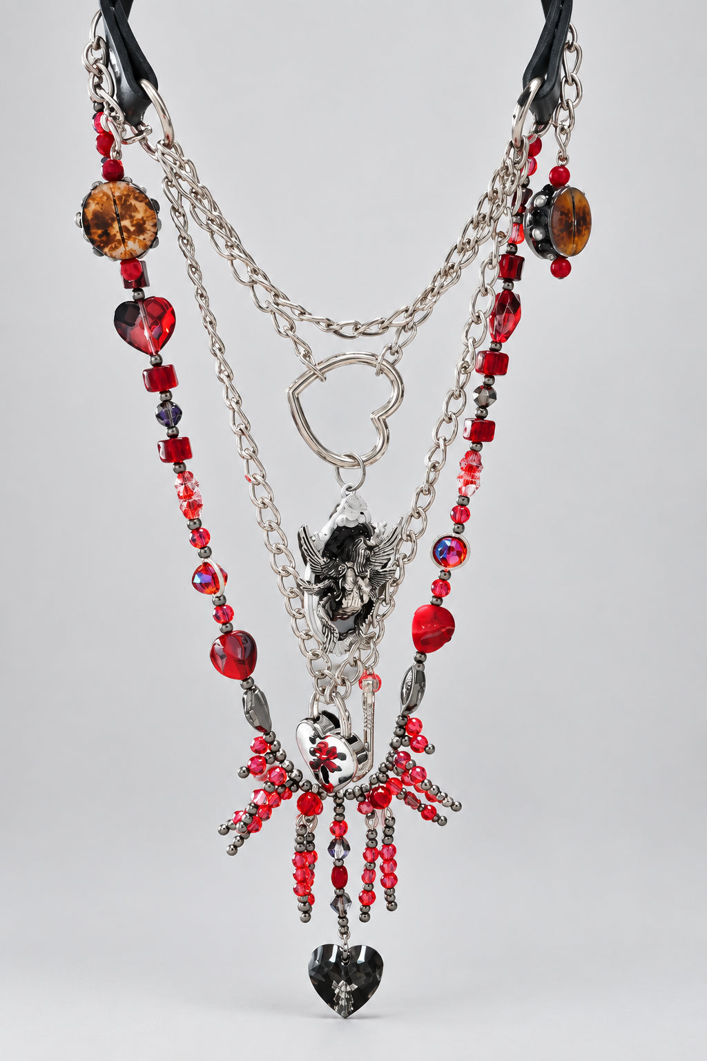Gothic Multi-Layer Leather Choker Set, Winged Fallen Angel Pendant, Heart Lock & Key Charm, Red Crystal Beaded Fringe Necklace, Dark Romantic Blood Red Heart Statement Collar Jewelry Set