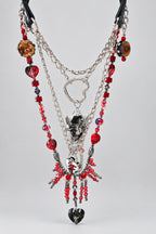 Gothic Multi-Layer Leather Choker Set, Winged Fallen Angel Pendant, Heart Lock & Key Charm, Red Crystal Beaded Fringe Necklace, Dark Romantic Blood Red Heart Statement Collar Jewelry Set