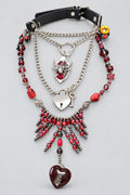 Gothic Multi-Layer Leather Choker Set, Winged Fallen Angel Pendant, Heart Lock & Key Charm, Red Crystal Beaded Fringe Necklace, Dark Romantic Blood Red Heart Statement Collar Jewelry Set