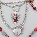 Gothic Multi-Layer Leather Choker Set, Winged Fallen Angel Pendant, Heart Lock & Key Charm, Red Crystal Beaded Fringe Necklace, Dark Romantic Blood Red Heart Statement Collar Jewelry Set