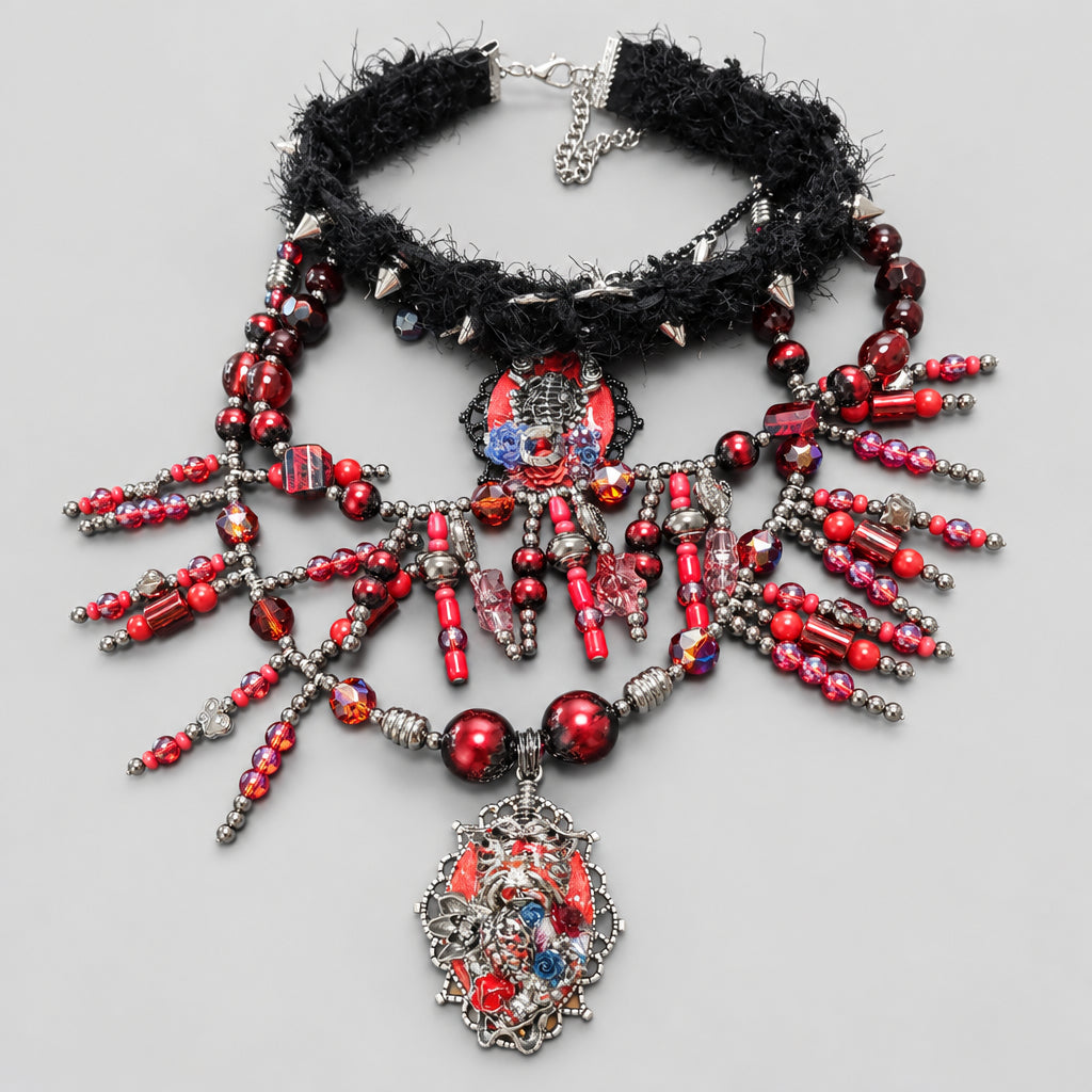 Gothic Spiked Fuzzy Leather Choker Set, Ornate Skeleton & Red Rose Cameo Pendant, Multi-Strand Blood Red Crystal Beaded Fringe Necklace, Dark Punk Macabre Statement Collar Jewelry Set