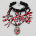 Gothic Spiked Fuzzy Leather Choker Set, Ornate Skeleton & Red Rose Cameo Pendant, Multi-Strand Blood Red Crystal Beaded Fringe Necklace, Dark Punk Macabre Statement Collar Jewelry Set