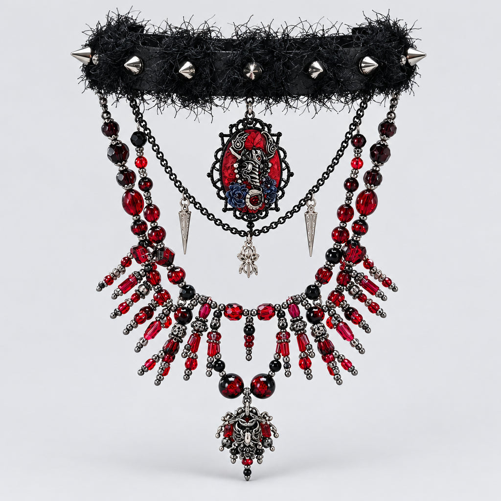 Gothic Spiked Fuzzy Leather Choker Set, Ornate Skeleton & Red Rose Cameo Pendant, Multi-Strand Blood Red Crystal Beaded Fringe Necklace, Dark Punk Macabre Statement Collar Jewelry Set
