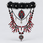 Gothic Spiked Fuzzy Leather Choker Set, Ornate Skeleton & Red Rose Cameo Pendant, Multi-Strand Blood Red Crystal Beaded Fringe Necklace, Dark Punk Macabre Statement Collar Jewelry Set